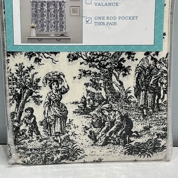 Waverly Charmed Life Black Tier Pair 52x36" Onyx Toile Choiserie Cotton Curtains - Picture 1 of 6